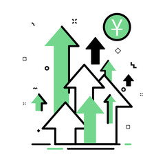 Yuan coin grow. Simple line icon with up arrows