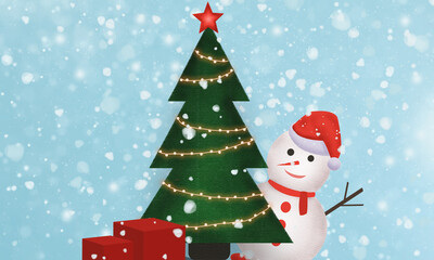 Happy New Year and Merry Christmas. Greeting card, template, Christmas tree, snowman, bear, gifts and santa hat.