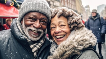 Happy seniors revel in the magic of an open-air holiday market.