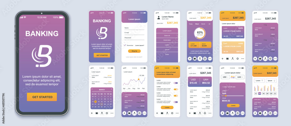 Fototapete Banking mobile app interface screens template set. Account login, balance of credit card management, currency exchange, dashboards. Pack of UI, UX, GUI kit for application web layout. Vector design.