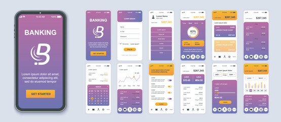 Banking mobile app interface screens template set. Account login, balance of credit card management, currency exchange, dashboards. Pack of UI, UX, GUI kit for application web layout. Vector design. - obrazy, fototapety, plakaty