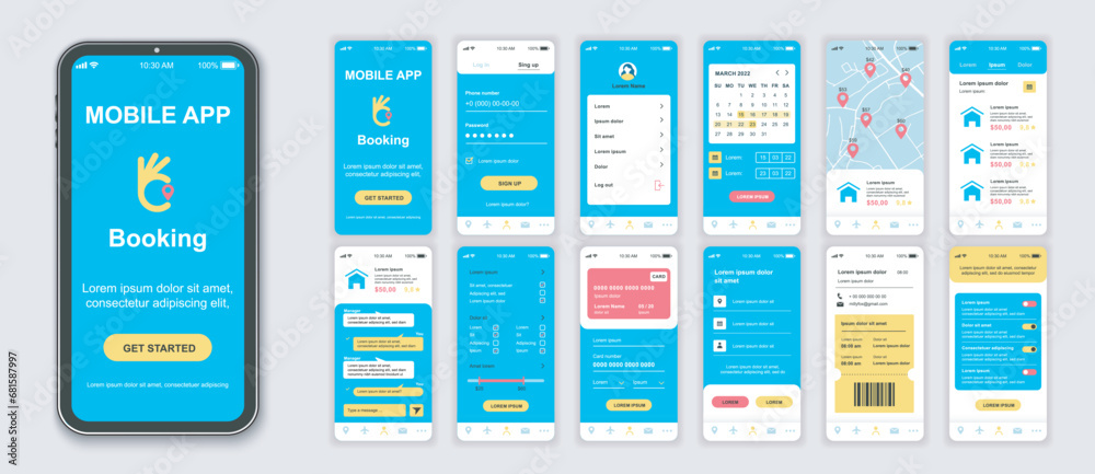 Poster booking mobile app interface screens template set. account login, calendar, map locations, searching