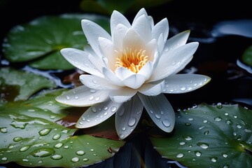  a white waterlily with drops of water on it's leaves and water droplets on it's water droplets are on the leaves and the water droplets on the water.
