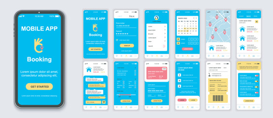 Booking mobile app interface screens template set. Account login, calendar, map locations, searching hotel room, flight ticket order. Pack of UI, UX, GUI kit for application web layout. Vector design.