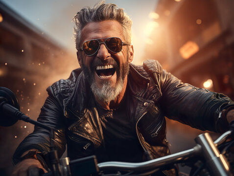 mature middle age male hipster astride motorcycle. Portrait of senior grey haired bearded man rider with chopper motorbike in night city town, having fun. Middle aged man on motor bike. Generative ai.