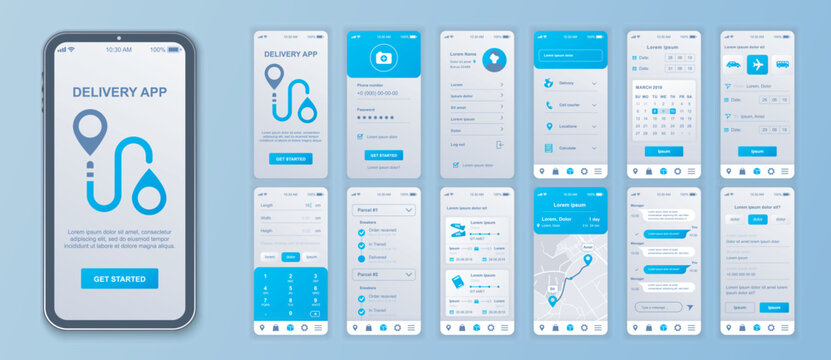 Delivery mobile app interface screens template set. Account login, logistic company services, calendar, parcel calculate, tracking. Pack of UI, UX, GUI kit for application web layout. Vector design.