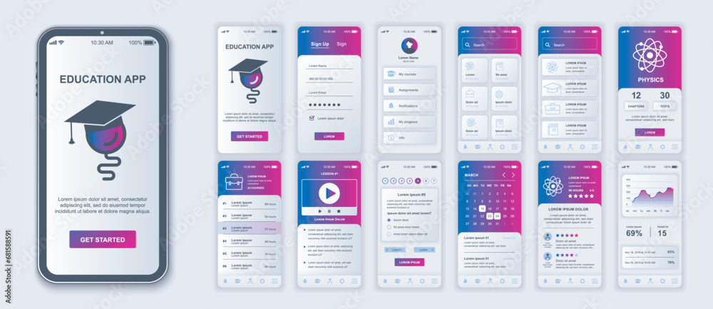Fototapete Education mobile app interface screens template set. Account login, study list, physics lesson and test, progress data, calendar. Pack of UI, UX, GUI kit for application web layout. Vector design.