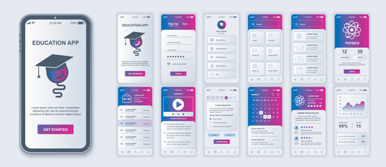 Education mobile app interface screens template set. Account login, study list, physics lesson and test, progress data, calendar. Pack of UI, UX, GUI kit for application web layout. Vector design.