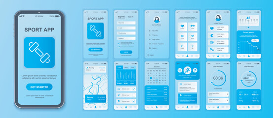 Fitness mobile app interface screens template set. Account login, activity information, trainings list, weight, route map, graphs. Pack of UI, UX, GUI kit for application web layout. Vector design.