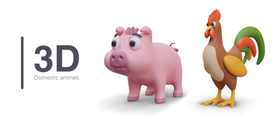 Realistic placard with pink pig and rooster with colored feathers on his tail. Animals, growing on farm. Vector illustration in 3D style with white background
