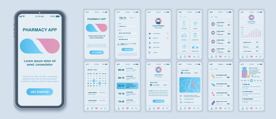 Pharmacy mobile app interface screens template set. Account login, find doctor, appointments on time, medicine shop, pills ordering. Pack of UI, UX, GUI kit for application web layout. Vector design.