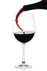 Pouring red wine isolated on white