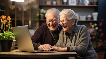 Beautiful caucasian senior couple with eyeglasses browsing together on laptop sitting at home, old retirees people enjoying tech and social - obrazy, fototapety, plakaty