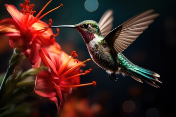  a hummingbird hovers near a flower with its wings extended and it's beak pointed to the side of the flower, with a blurry background of red flowers in the foreground.