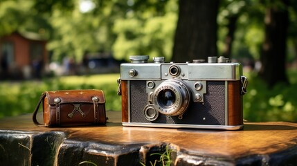 Camera on a bench in a green park. Antique and stylish image of a vintage camera with a leather case. Old-fashioned photography concept.
