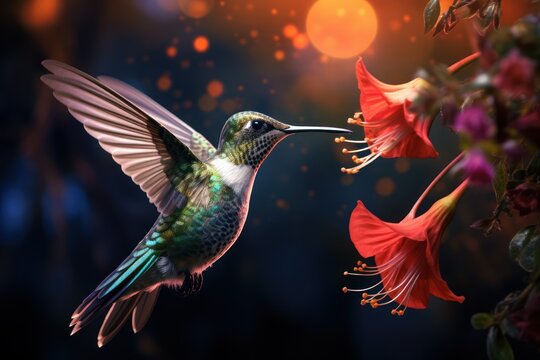  a hummingbird feeding from a flower in front of a blue background with red and white flowers and a yellow and pink flower in the foreground of the image.