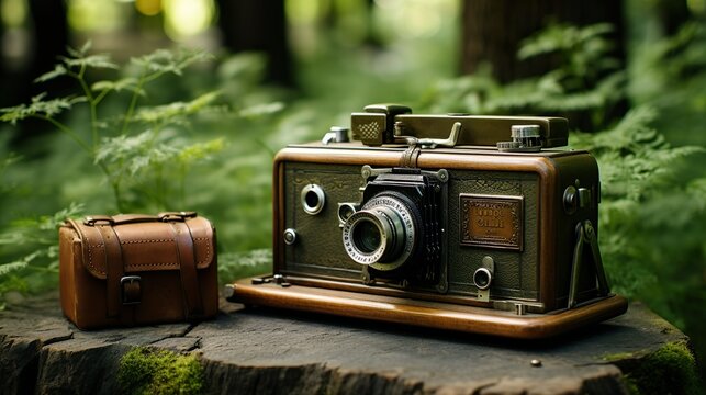 Old-fashioned camera in a park with green trees. Retro and elegant image of a vintage camera with a leather case on a wooden bench.