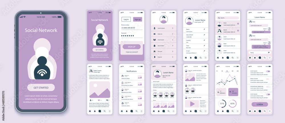 Wall mural social network mobile app interface screens template set. account login, friends list, messages in c