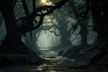  a dark forest filled with lots of trees and a light at the end of the trail that is surrounded by...