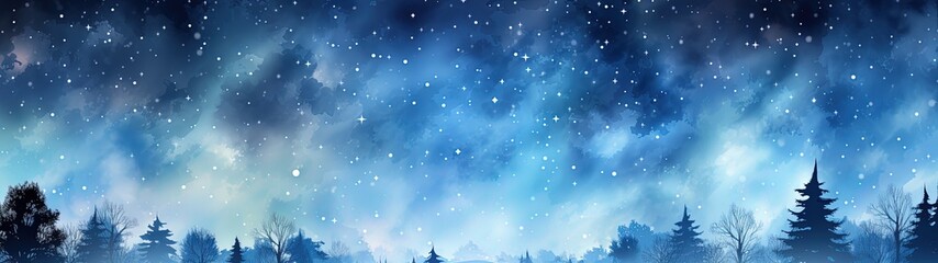 Fototapeta premium Winter Night Sky with Snowy Silhouette Trees