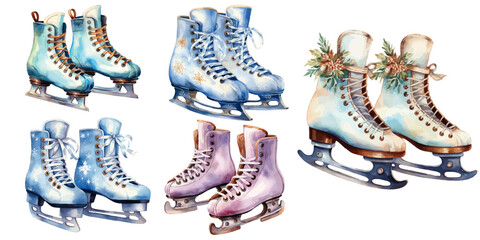set of ice skates watercolor vectors