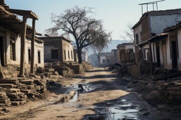  a dirt road with a puddle of water in the middle of it and buildings on both sides of the road and a bare tree on the other side of the road.