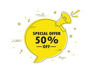 special offer 50% off. Megaphone chat bubble banner alert. Discount offer price sign. Special offer symbol.Discount tag dialog message loudspeaker. Vector illustration