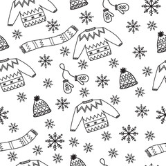 Winter seamless pattern. Doodle.  Warmness. Christmas and New Year. Vector.