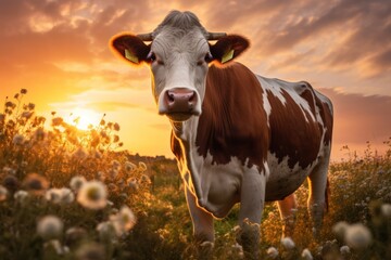  a brown and white cow standing on top of a lush green field next to a field of tall grass and white wildflowers with a sunset in the background.