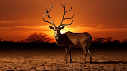 Deer in Sunset. Altered Climate and Drought-Stricken Landscape Near Dried-Up Lake
