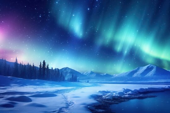  a snowy landscape with a river and a lot of green and purple aurora lights in the sky above the snow covered mountains and a body of water in the foreground.