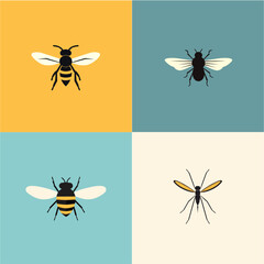  Vector Icons of Four Flying Insects, Bee, Hornet, Mosquito and a Beetle