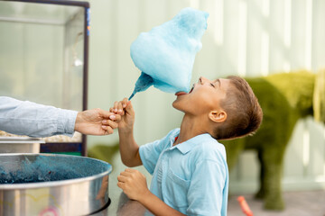 Boy takes a sweet cotton candy at the counter shop while visiting amusement park during a summer...