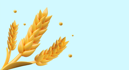 Yellow ears of wheat on blue background. Horizontal vector template for banner, header, billboard, flyer. Space for text, date, price, link button. Ads of natural organic products. Vegan concept