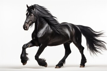 Obraz na płótnie Canvas noble Friesian horse with shiny black coat galloping with waving tail, white background