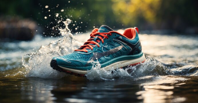 A visually appealing  capturing the elegance of a running shoe making a splash in the water, creating a beautiful and dynamic picture 50mm 4k resolution