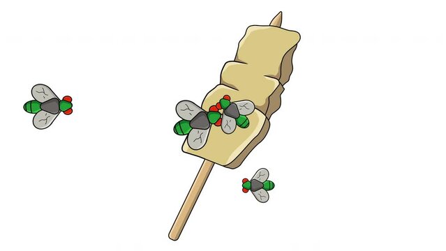 animation of oden being infested with flies, with a white background