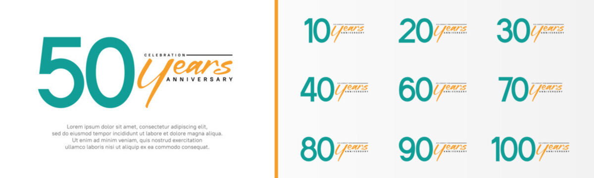 set of anniversary logo green color number and orange text on white background for celebration