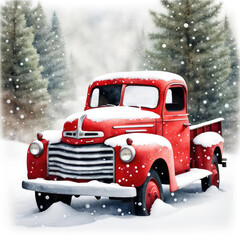 Watercolor red retro truck in snow with pine trees