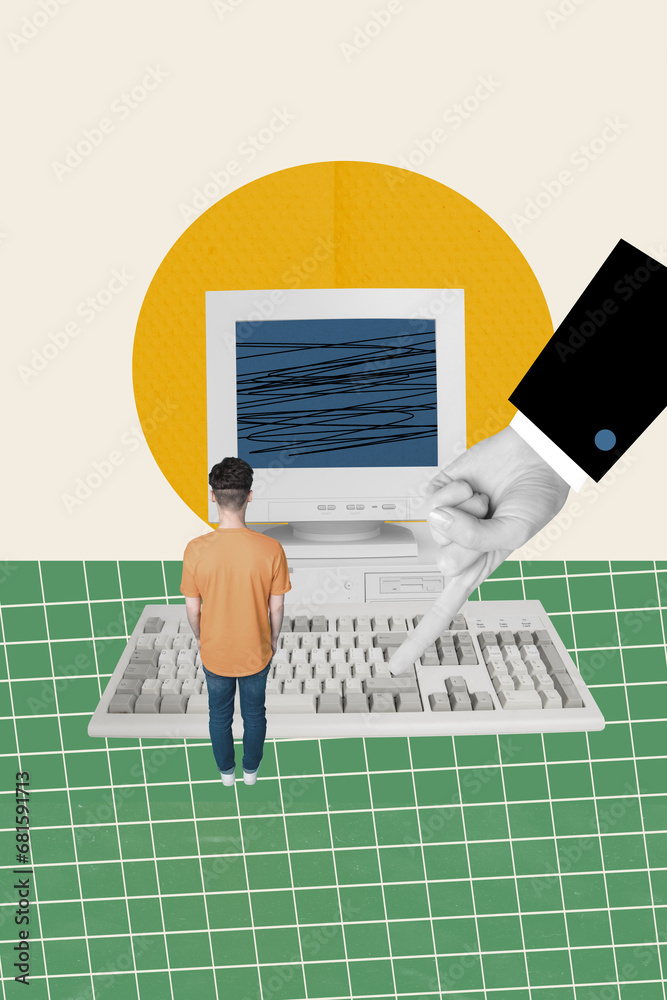 Aufkleber Rear view collage of miniature guy learning how use personal computer retro monitor and typing old keyboard isolated on drawn background