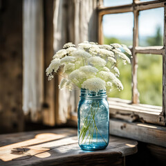 Queen Anne's Lace bouquet in a turquoise mason jar by a farmhouse window in the sunshine 