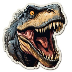 Dinosaur head with open mouth. Dinosaur: Tyrannosaurus rex with powerful jaws open, ferocious might of the t-rex. T-rex Sticker. Sticker. Logotype.