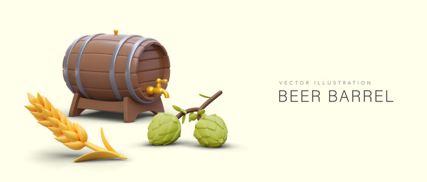 Realistic beer barrel with tap, hops, ear of wheat. Advertising concept with place for text. Banner for social networks. Traditional alcoholic drink made from natural ingredients