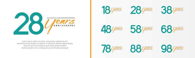 set of anniversary logo green color number and orange text on white background for celebration