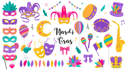 Mardi Gras carnival clipart. Brazilian festival design collection. Masks with feathers, joker, fleur de lis, drum, party decorations, comedy and tragedy. Vector isolated illustrations in flat style