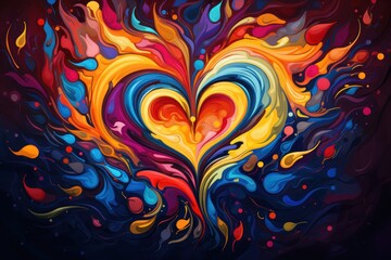  a painting of a heart made up of different colors of paint on a black background with drops of light coming out of the center of the heart and the heart.