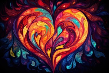  a painting of a heart made up of colorful swirls on a black background 