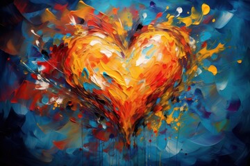  a painting of a heart with lots of paint splattered all over it and a blue background with yellow, red, orange, and blue colors on it.