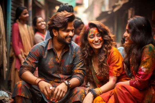 A group of friends relaxing on the street during the Hali holiday in India, a group portrait of people in colorful powder, a rainbow of colors and a holiday of happiness