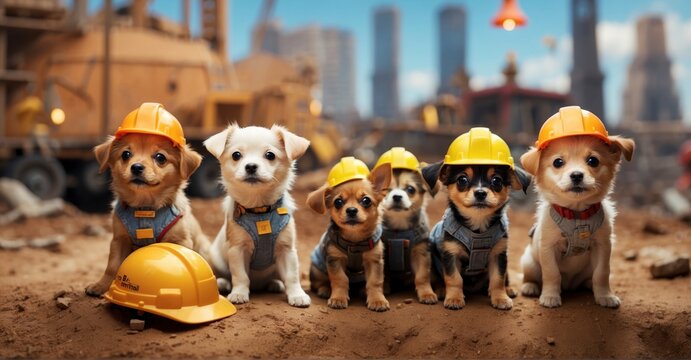 Playful image featuring a pack of small dogs, each wearing construction hats, adding a delightful touch to a whimsical construction-themed scenario.